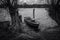 a rowboat lies on the shore of a lake in black and white