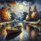 rowboat on a moonlit river, with autumn trees reflected on the water. landscape background, painting