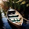 Rowboat, old traditional wooden rowing boat for transport on pond or river