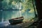 a rowboat sits on the shore of a lake