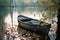 a rowboat sits on the shore of a lake