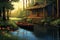 rowboat to a dock by a secluded log cabin, magazine style illustration