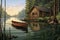 rowboat to a dock by a secluded log cabin, magazine style illustration