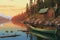 rowboat to a dock by a secluded log cabin, magazine style illustration