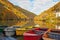 Rowboats ashore on lake Hamori in autumn