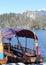 Rowboats moored on the shore of Lake Bled in Slovenia and the ca