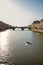 Rower on the river Arno with bridge at sunset in Florence