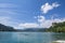 Rowers, on coxless pairs, rowing boat, training for rowing for an aviron competition on the Bled lake, in summer, in Slovenia