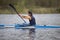 Rowing base.Training in rowing.Teenager in a sports boat with oars