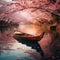 rowing boat with pink Japanese cherry blossom tree