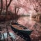 rowing boat with pink Japanese cherry blossom tree