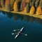 rowing on a calm lake in aerial view only small boat visible with serene water around vertical banner with copy space for