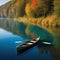 rowing on a calm lake in small boat with serene water