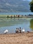 rowing rowers trainnng in lake pamvotis of ioannina in summer season greece