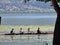 rowing rowers trainnng in lake pamvotis of ioannina in summer season greece