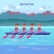 Rowing team vector illustration in kayak or canoe. Outdoor activity with teamwork water sport athletes in river, sea or lake.