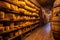 rows of aging cheese wheels on wooden shelves