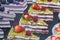 Rows of appetizing sweet pastries with fresh berries  edible background