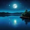 A rows a boat on a lake at night while numerous glowing moons float on the illustration digital design art style