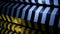 Rows of colorful gears spinning one by one, Industrial motion background. Design. Blue and golden moving mechanism.