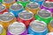 Rows of Colourfuld Aluminum Drink Cans Background. 3d Rendering