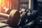 Rows of dumbbells in the gym with hign contrast and monochrome c