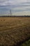 Rows of electricity pylons and power lines over cultivated fields on a winter day in the italian countryside