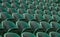 Rows of empty green spectators` seats at Wimbledon All England Lawn Tennis Club.