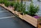 rows of flowerpots made of natural spruce boards. in the parking