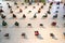 Rows of food delivery personnel waiting chairs with social distancing during COVID-19 in Bangkok Thailand