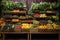 rows of fresh fruits and vegetables on wooden stands