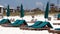 Rows of green lounge chairs