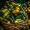 rows of green and yellow zucchini arranged neatly in a large bushel basket