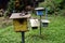 Rows of honey bee hive boxes in the orchard at the foot of the mountain