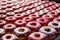 rows of jelly-filled donuts cooling in a professional bakery