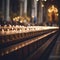 rows of lit prayer candles in church