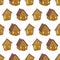 Rows of little gingerbread houses, repeat vector on white background,