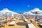 Rows of lounge chairs Nessebar beach view Black Sea coast Bulgaria