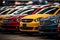 Rows of new cars parked in a dealership parking lot for sales, automotive industry