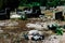 Rows of old abandoned graves in a Catholic cemetery. The rickety gravestones