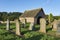 Rows of Old Gravestones and the Lindsay Burial Aisle at Edzell Old Kirkyard Cemetery.