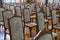 Rows of old, vintage chairs. Auditorium room. Rays of sunlight through the window. Training, meeting and business concept.