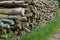 Rows of piled of logs , waiting to be processed, at a local rural lumber mill, made into lumber for construction