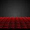 Rows of red cinema or theater seats in front of black blank screen. Wide empty movie theater auditorium with red seats. Vector