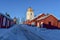 Rows with red huts in Gammelstad church town located near the Swedish town Lulea.