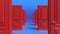 Rows of red wooden closed doors on a blue background. There are many ways to choose. Decision making concepts, different