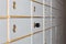 Rows of safety deposit boxes or security lockers