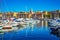 Rows of sailing yachts and fishing boats