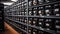 Rows of shelves with goods boxes in huge distribution warehouse at industrial storage factory, generative ai