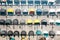 Rows of ski and snowboarding helmets, sports shop